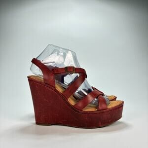 Born Distressed Red Leather Buckle Straps Platform Wedge Sandals Women's Size 8